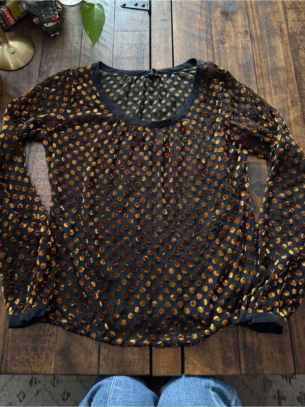 Sz S Club Monaco Black Sheer Long Sleeve Blouse with Velvety Gold Dots Party
